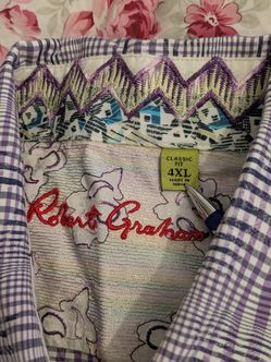 Robert Graham Flip Cuff Shirt Mens XL Purple Plaid Paisley Woven Cotton Geometric
