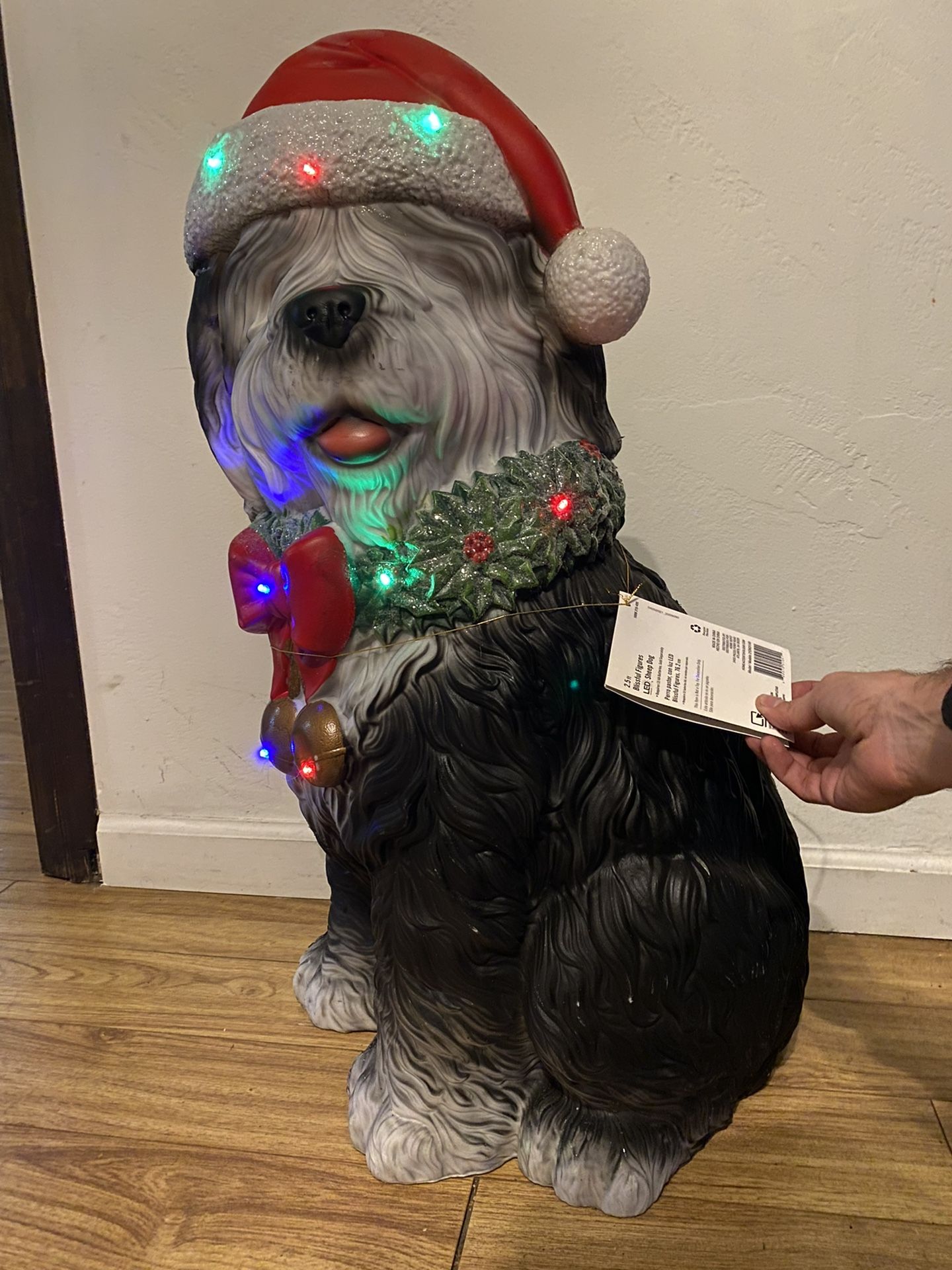 Christmas LED lights Sheepdog w/ Santa Hat Blow Mold Decor New for