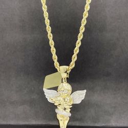 14k solid rope solid chain and angel with diamond , necklance gold pendant