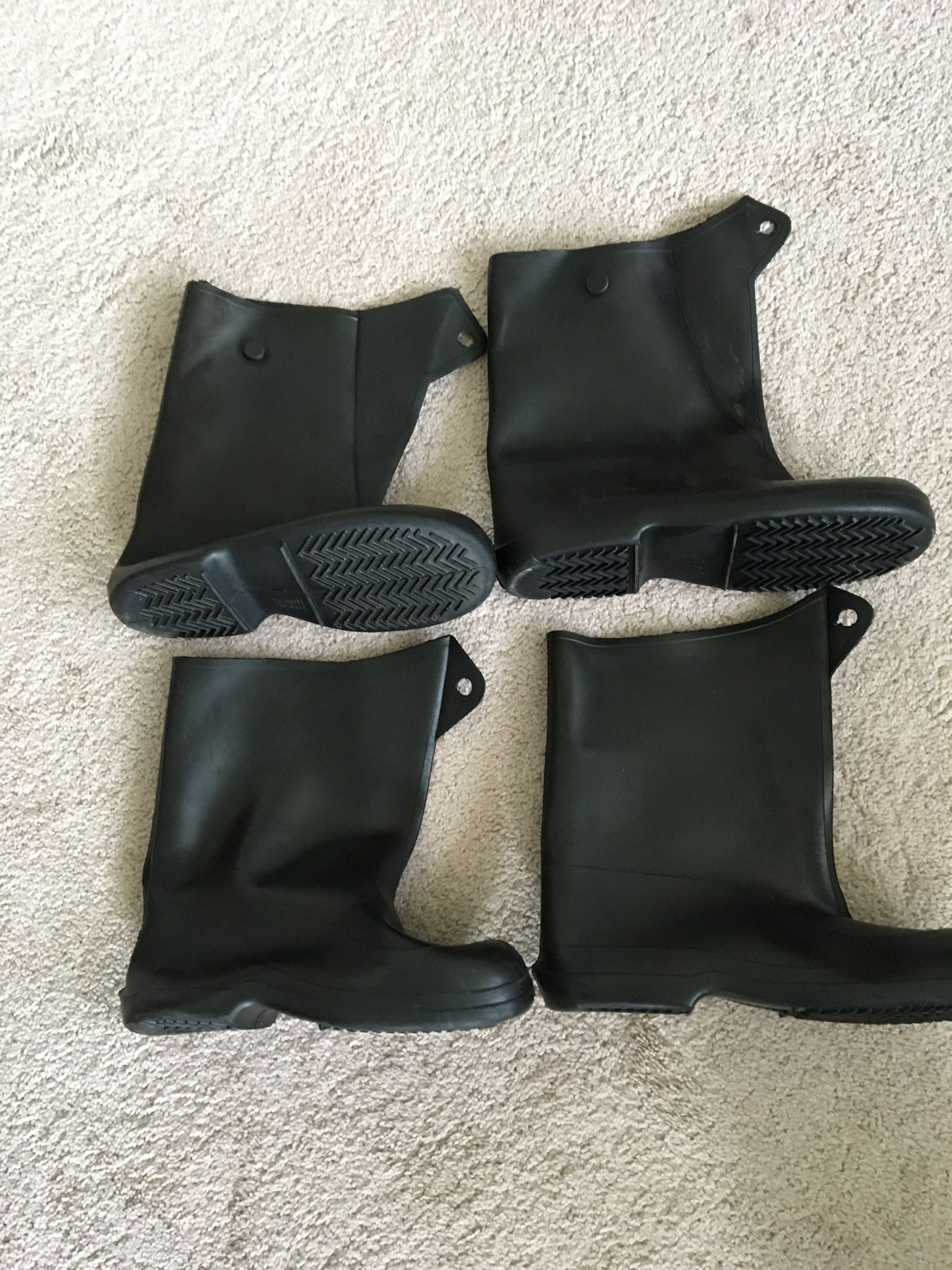 Galoshes overshoe boot covers, heavy duty rubber, 12” high, 2 pair, 1 large 1 medium, made in the USA, new