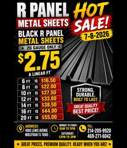 New Black R panel metal sheets,  26 gauge only $2.75 a linear ft