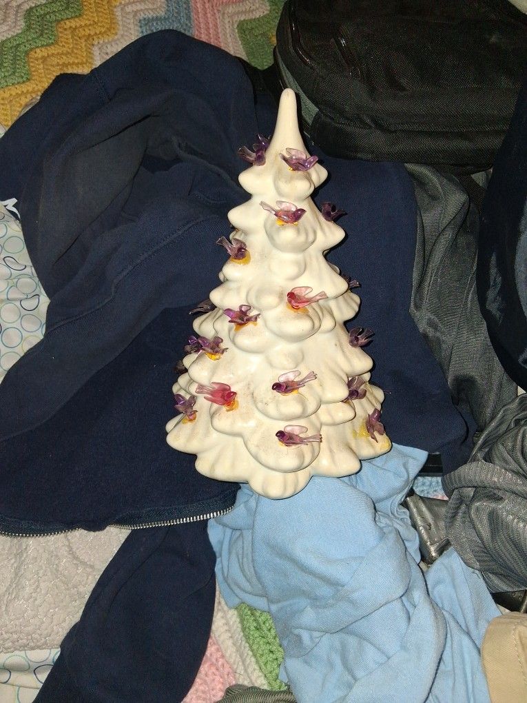Vintage Porcelain Christmas Tree With Purple And Red Birds