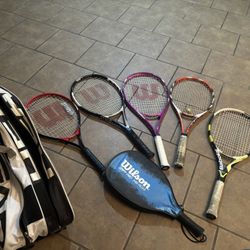 5 Tennis Rackets + Wilson Bag – Great Condition 