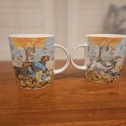 Set of 2 Pier 1 Imports Fall Autumn Park Avenue Puppies 22 oz Coffee Tea Mug 4.5" Tall