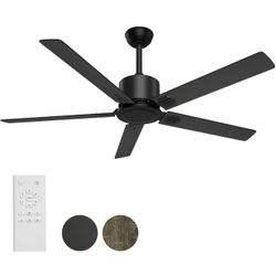 Black Ceiling Fan No Light-52 in Outdoor Ceiling Fans with Remote Control without Light, 5 Blades, 6 Speed Reversible DC Motor Modern for Patios, Kitc