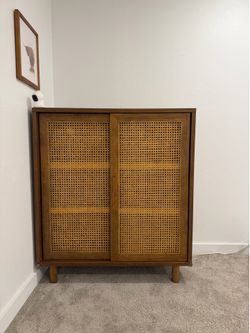 Wood and cane cabinet  42”W x 18”D x 48” H