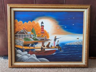 Vintage Signed Aylene Frankenfield Lighthouse Fishing 28¾"x22¾" Oil Painting