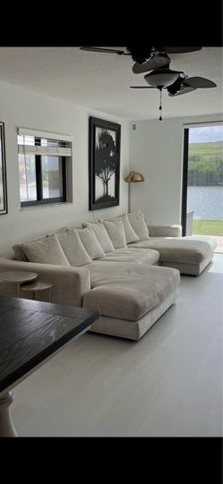 White sectional Couch and Farmhouse DR table,chairs and bench