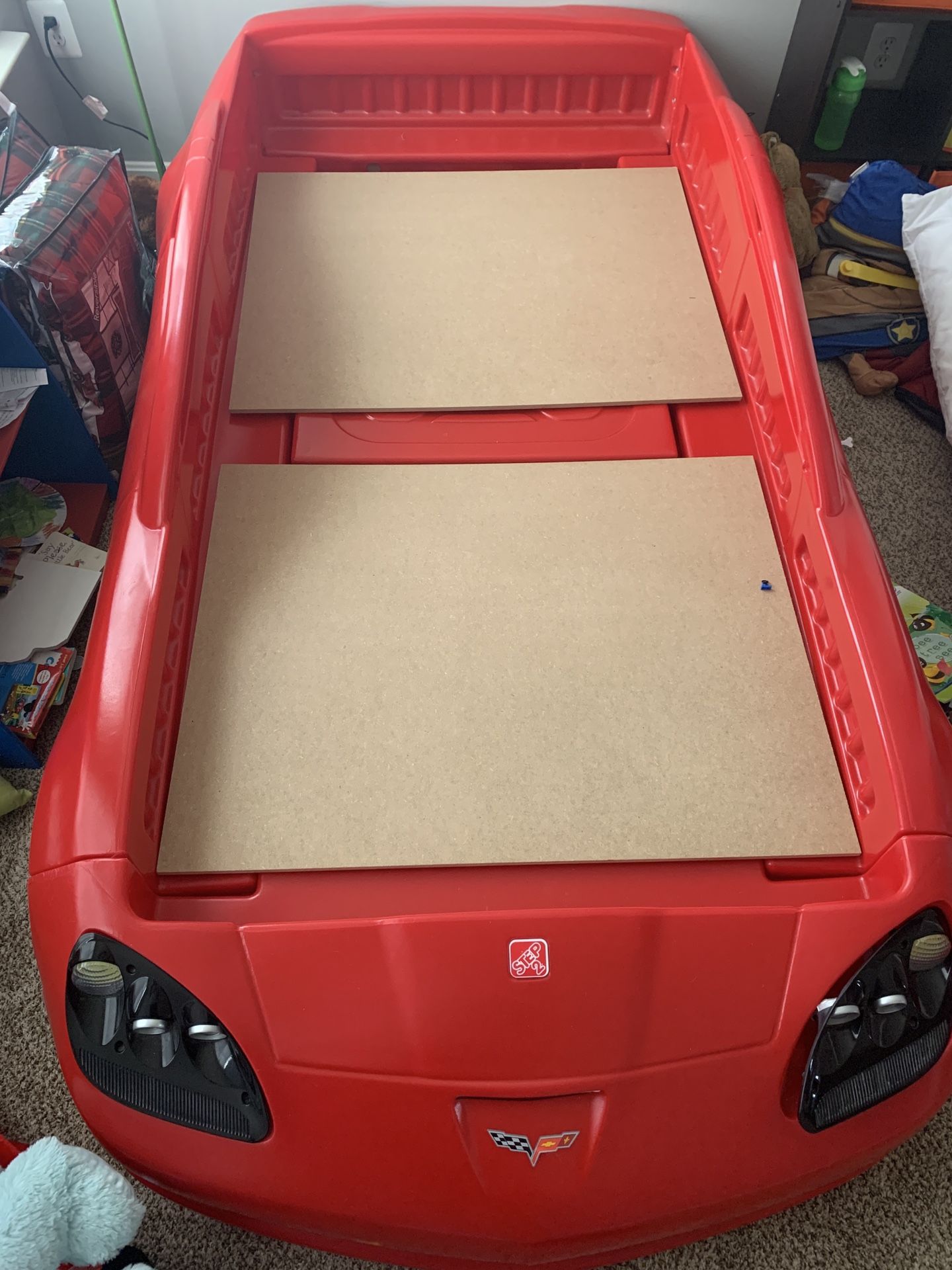 Kids Car Bed, Book Shelf And Toy Chest 