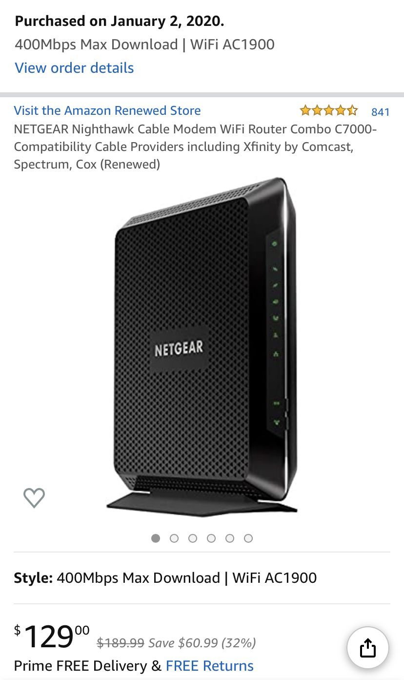 Netgear AC 1900 Cable modem/ Wireless Router