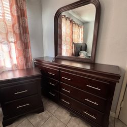 Elegant Dark Wood Bedroom Set- Bed Frame, Dresser, Mirror & Nightstand