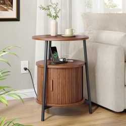 23.8''H Round End Table With Storage, Fluted Side Table With Sliding Tambour Door & Charging Station