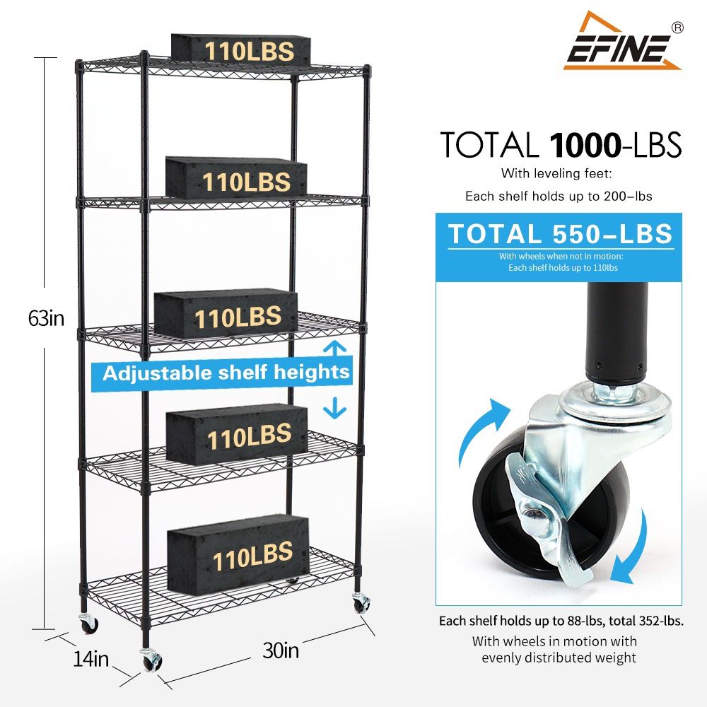 EFINE 5-Shelf Shelving Units and Storage on Wheels,  Adjustable Steel Wire Shelving Unit Rack (63H X 30W X 14D) Black, S200-5W