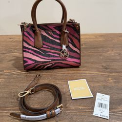 Michael Kors Maple Small Satchel Brown Multi Pink Zebra Print Crossbody NWT