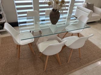 White Dining Table with Glass Top & 6 Chairs