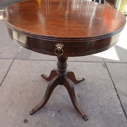 Beautiful Vintage Collectable Antique  Round Side Table With Brass Feet Protectors And Drawer Puller