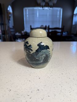 VTG Japanese-Style Blue & White Scenic Ginger Jar Vase – 5”