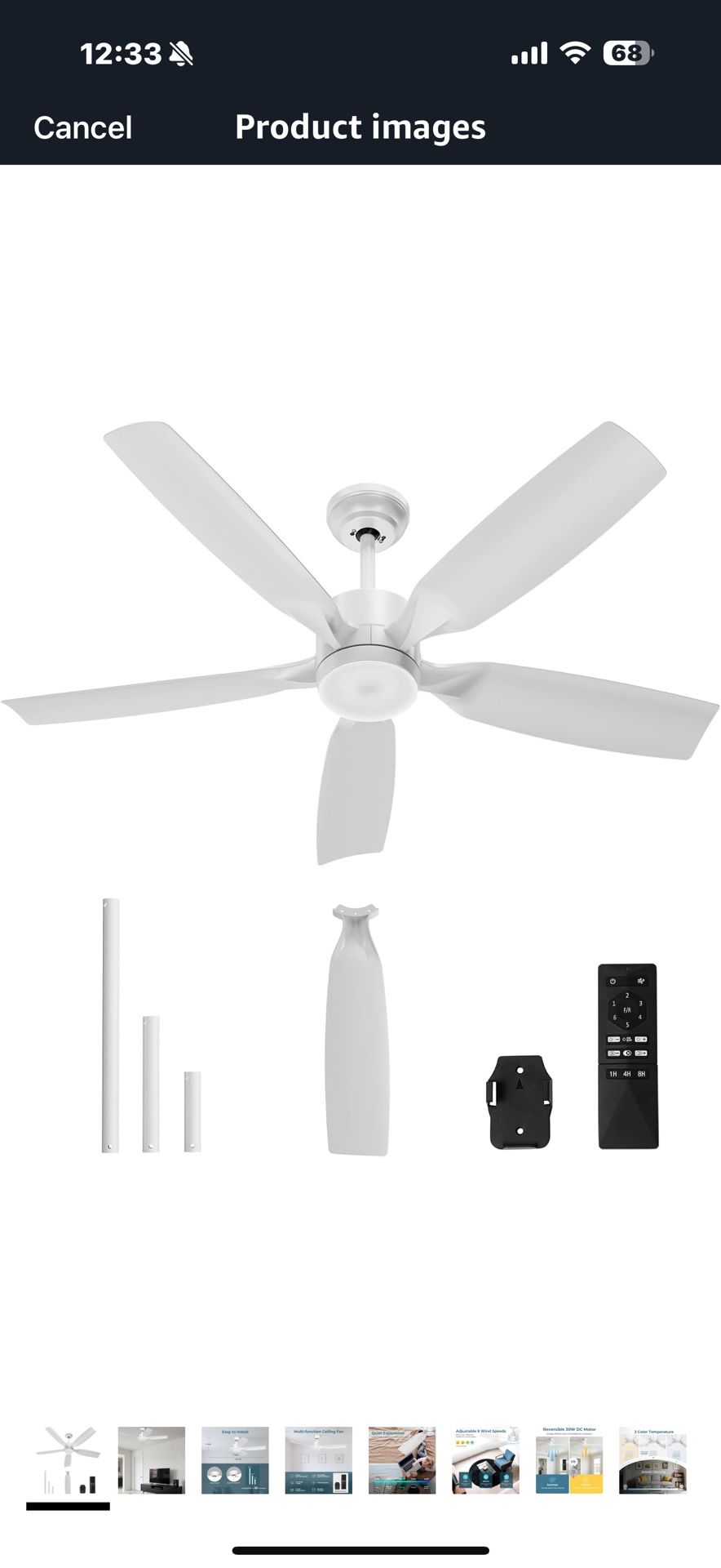 ZAFRO 52" Downrod Mount Ceiling Fan with Light & Remote – 6-Speed Reversible DC Motor, 3-Color Dimmable LED for Indoor/Covered Outdoor, White Brand Z