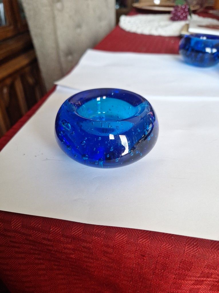 Set Of 3 IKEA Hand blown Blue Round Controlled Bubble Glass Votive Candle Holder