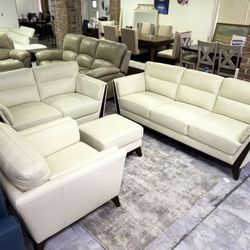 Genuine Leather Set , Sofa Loveseat Single Seat & Ottoman - With Wooden Trim And Legs