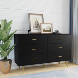 6 Drawer Dresser, Modern Wood Dresser for Bedroom with Wide Drawers and Metal Handles, Storage Chest of Drawers for Living Room Hallway Entryway