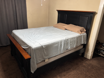 5-Piece Bedroom Set - Black with Cherry Tops - Bed, Dresser, Mirror, Armoire, Nightstand