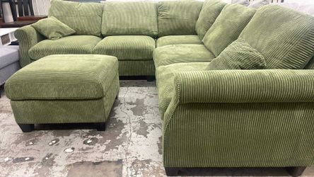 New 99x99 Sage corduroy sectional couch with ottoman / free delivery