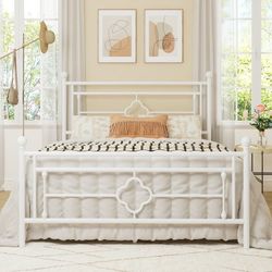 Queen Size Metal Platform Bed Frame with Victorian Vintage Headboard and Footboard, White