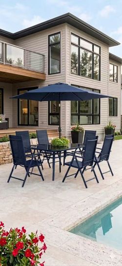 8-Piece Outdoor Patio Dining Set with Tilting Umbrella, Glass Table, & Folding Chairs