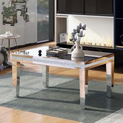 Modern Mirrored Coffee Table Luxury Living Room Cocktail Center Table with Silver Mirror Finish Rectangular Small Coffee Table with Unique Diamond Edg