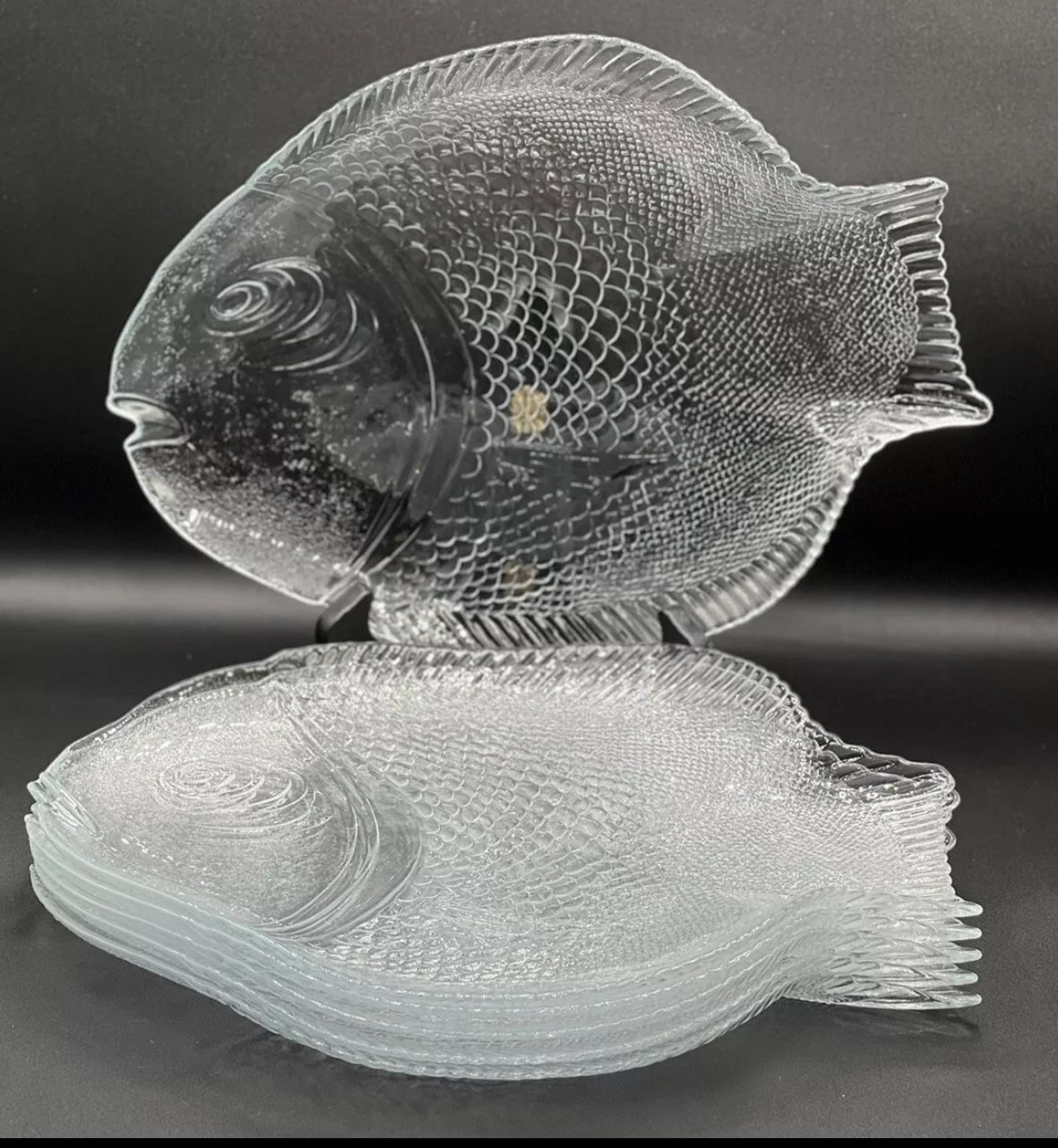 Set Of 12 VINTAGE (6) Large Pasabahce & (6) Small Arcoroc Glass Fish Plates