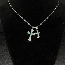 Chrome Hearts Emerald Studded Double Stack Floral Cross Pendants Necklace 