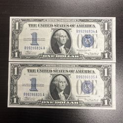 1934 $1 Silver Certificates Consecutive Both Notes