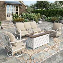 Brand New -Patio Furniture Set, 2 x Swivel Cushioned Chair, 1 x 3-Seat Sofa with 56" Fire Pit Table, All Cushioned 5 Seats Outdoor Conversation