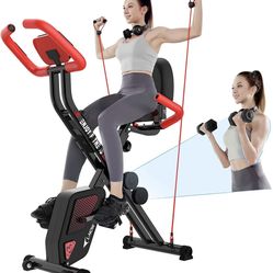 pooboo Folding Exercise Bike, Foldable Fitness Stationary Bike Machine, Upright Indoor Cycling Bike, 3-in-1 Magnetic X-Bike with 8-Level Adjustable Re