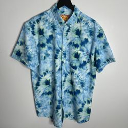 RSVLTS Tie Dye Dare Groovy Things Short Sleeve Button Down Shirt Mens Large Blue
