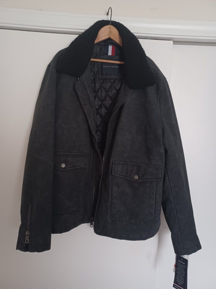 NEW! Tommy Hilfiger Faux Leather Sherpa Smoky Grey Collar Moto Jacket Size XXL