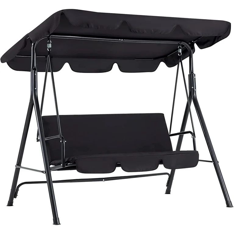 3-Seat Outdoor Steel Porch Swing with Canopy, Swing Glider-Black, Free Standing Porch Swing
