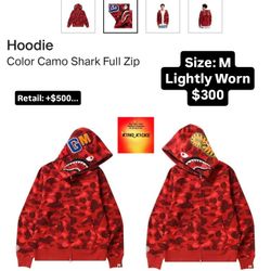 Bape Red Camo Shark Full Zip Up Hoodie Size M (Pick Up)