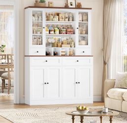 71''Tall Food Pantry Cabinet, 47.2'' Wide Kitchen Hutch with 4 Drawers & Shelves & Wine Rack, Glass China Cabinet for Dining Living Room, White