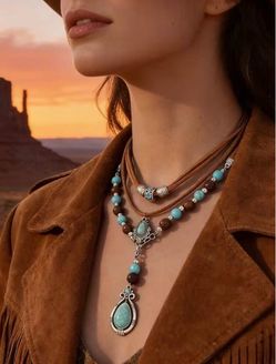 Turquoise Boho Layered Pendant Necklace Set