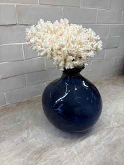 White Coral Specimen on Cobalt Blue Glass Vase – Coastal Decor