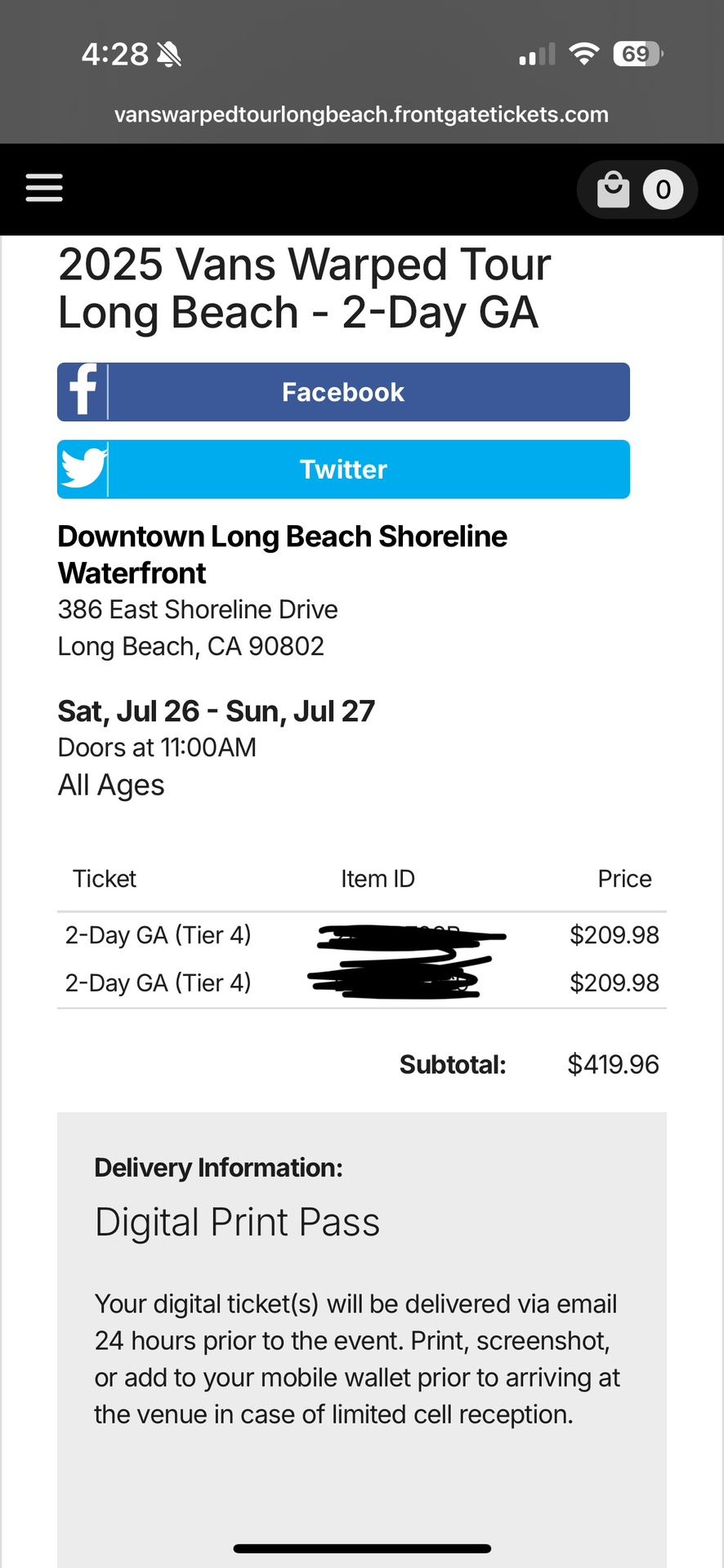 One Warped Tour 2 Day GA Pass Long Beach 07/26 & 07/27
