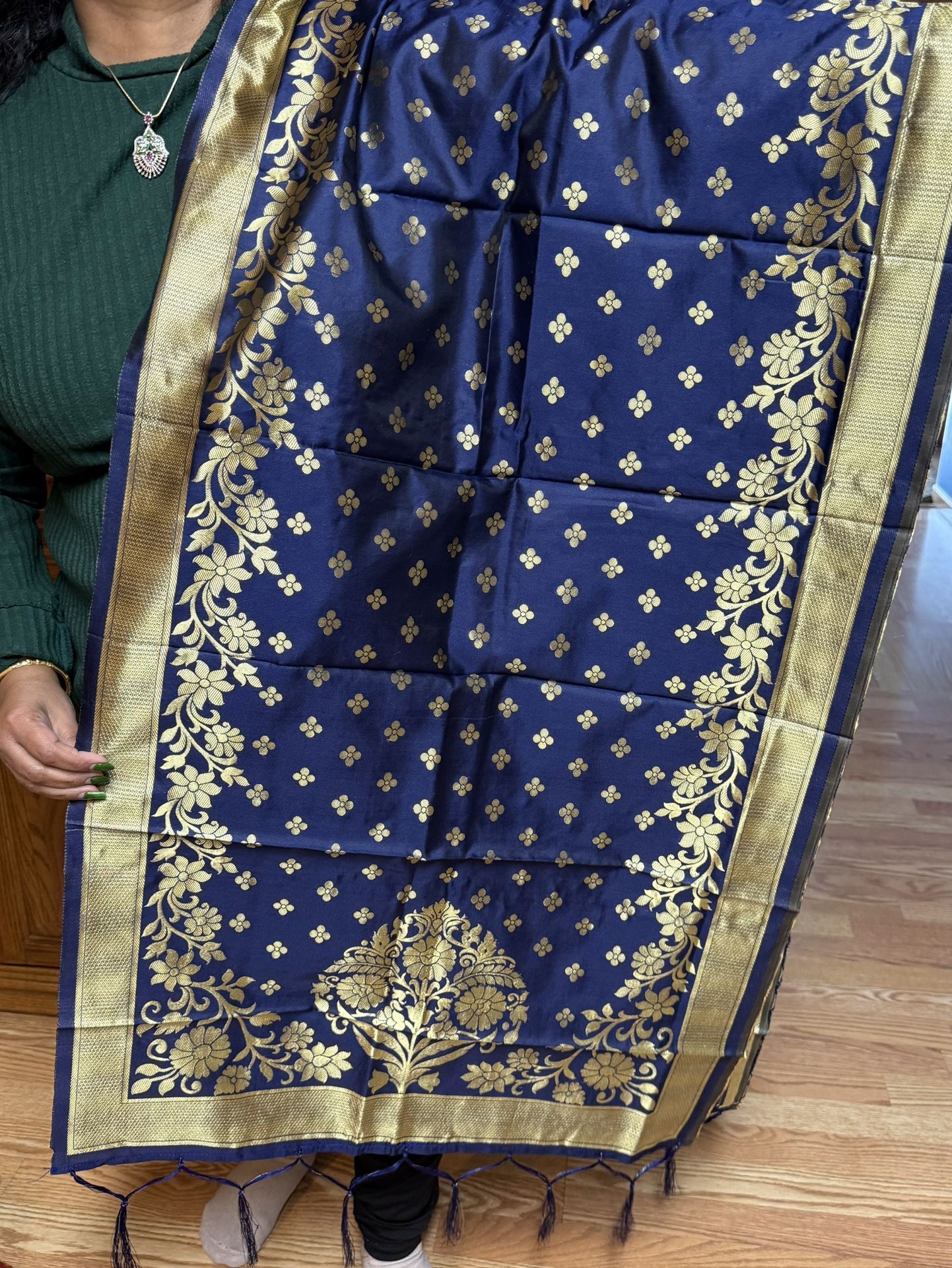 BLUE GOLDEN India BANARSI Art Silk Dupatta Wrap Scarf Stole Chunri shawl HIJAB