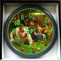 Dogs Playing Pool Billiards Glow In The Dark Wall Clock New!