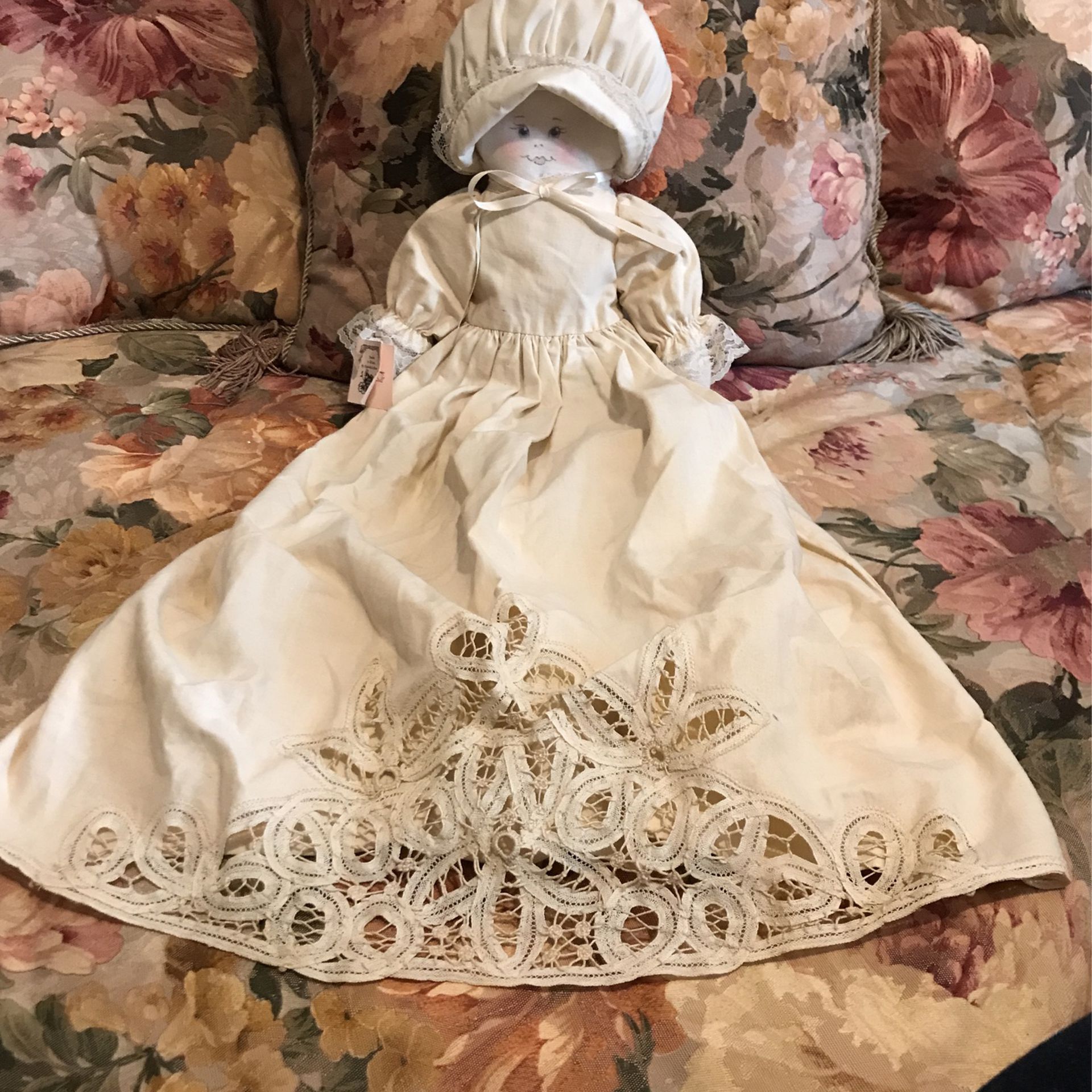 Adorably Cute!!! Soft Cotton Doll With pretty Cotton Lace Dress & Bonnet !!!