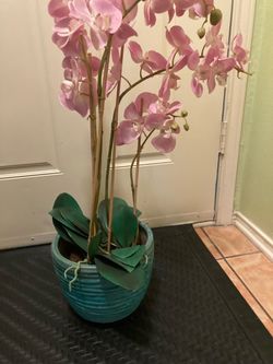 $25-Nice Large Pink Artificial Phalaenopsis Orchid in Teal Ceramic Pot