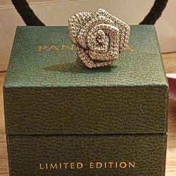 Pandora Authentic Brand New Sterling Silver Beautiful Sparkling Oversized Rose In Bloom Charm With Pouch Or T