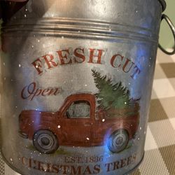 Large Galvanized Metal Truck W/ Christmas Tree, Has Folding Medal Handles, Raised Accents, 6 Inch Wide Opening