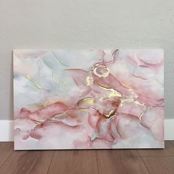 36x24 Large Pink/White/Gold Textured Marble Canvas Art Abstract Artwork 